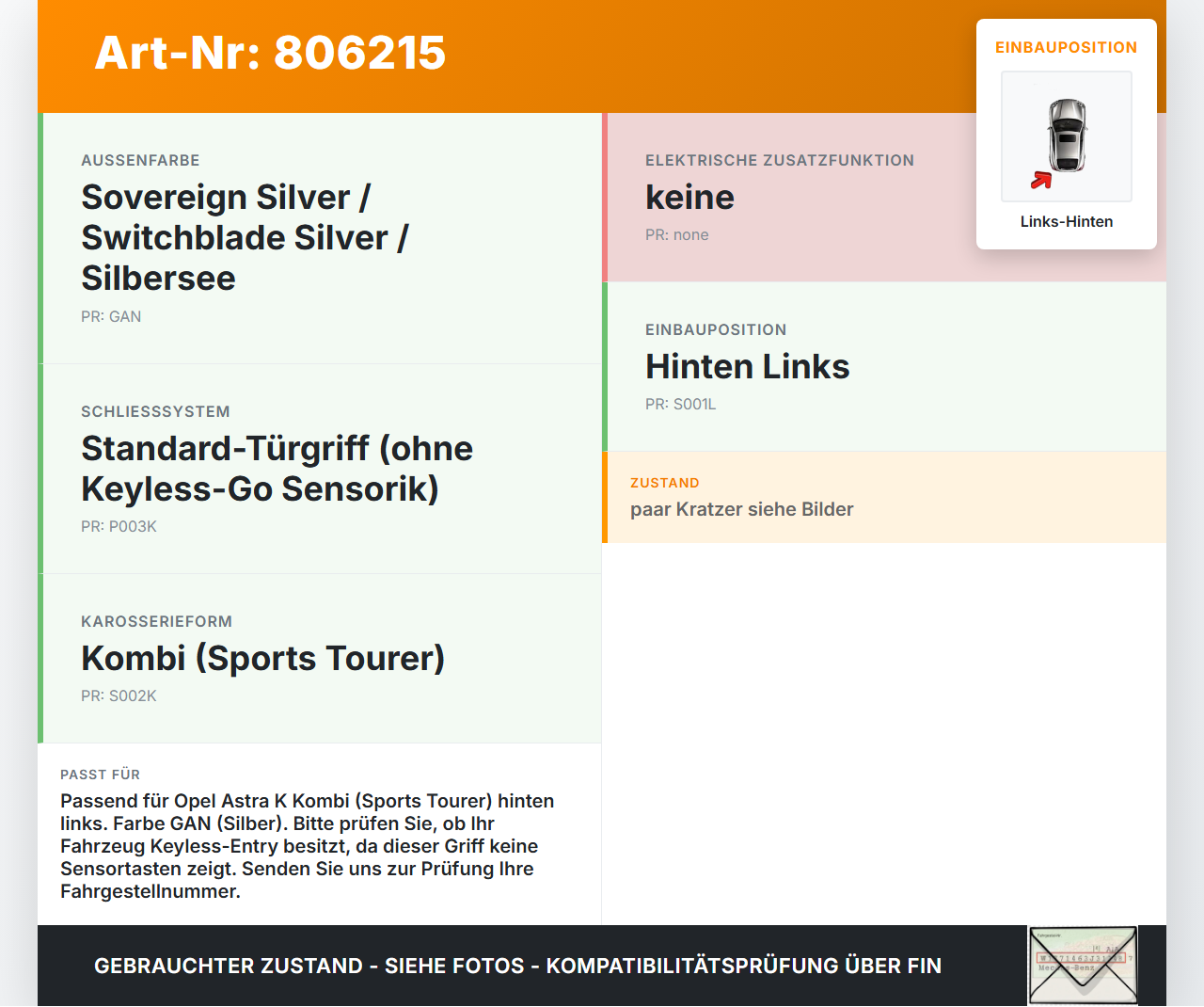 Opel Astra K 15-19 Kombi Türgriff Griff aussen Links Hinten GAN Opel Astra K 15-19 27.11.2018 gebraucht Vorschau 3