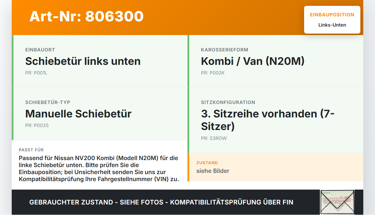 Nissan NV200 N20M 09-21 Kombi Führungsrolle für Schiebetür Links Unten Nissan NV200 N20M 09-21 23.03.2012 gebraucht Vorschau 3