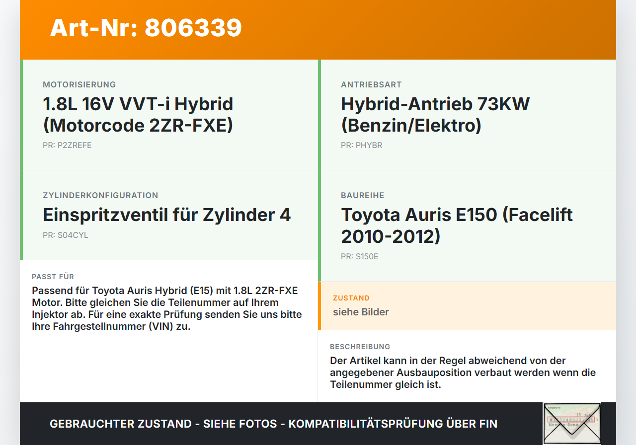 Toyota Auris ZW E150 10-12 Hyb 1,8 73KW Injektor Einspritzdüse Zyl.4 Toyota Auris ZW E150 10-12 14.04.2011... Vorschau 3