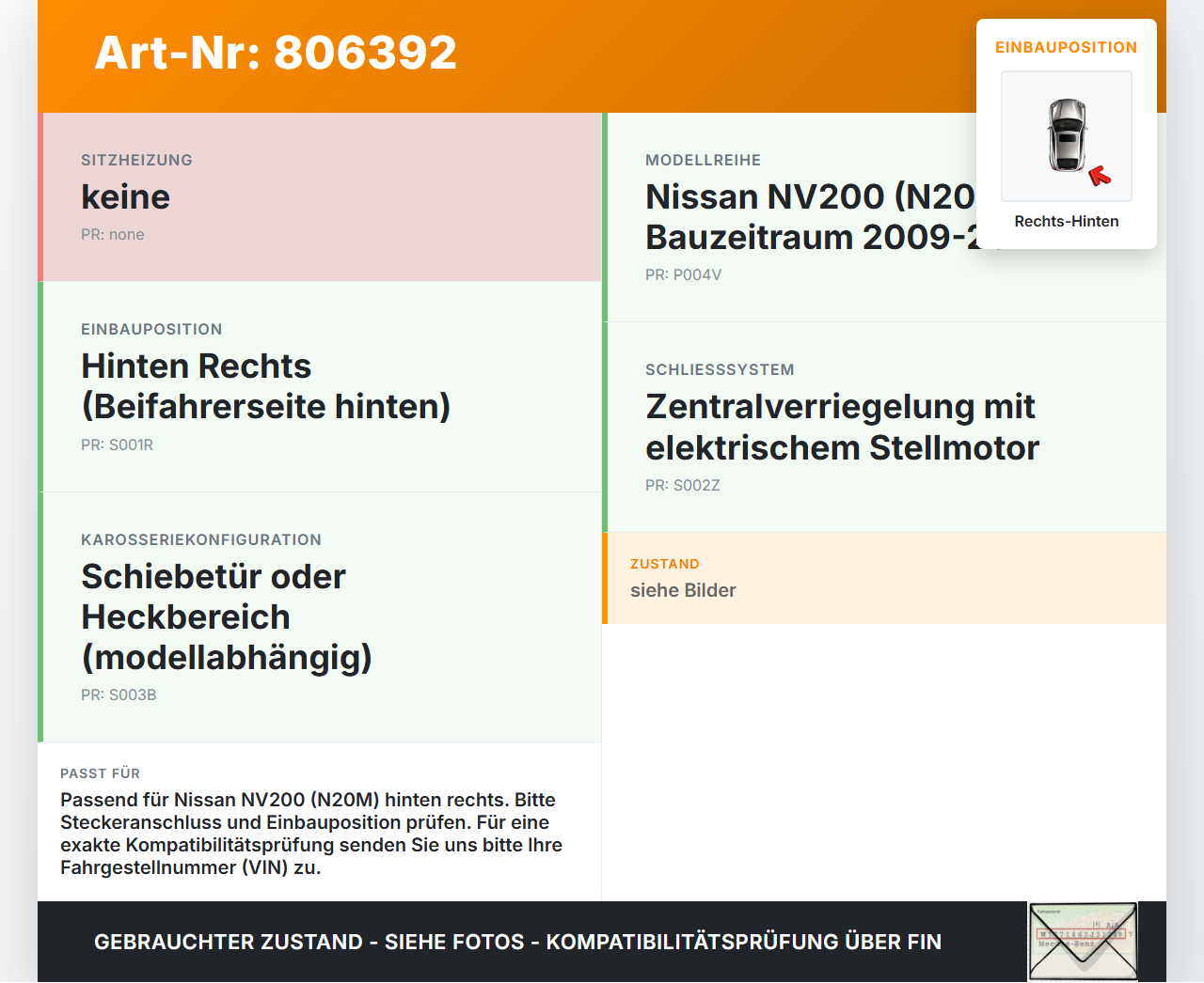 Nissan NV200 N20M 09-21 ZV Stellmotor für Zentralverriegelung Hinten Rechts Nissan NV200 N20M 09-21 23.03.2012 gebraucht Vorschau 3