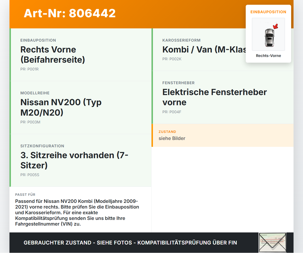 Nissan NV200 N20M 09-21 Kombi Dichtung für Rahmen Tür Rechts Vorne Nissan NV200 N20M 09-21 23.03.2012 gebraucht Vorschau 3