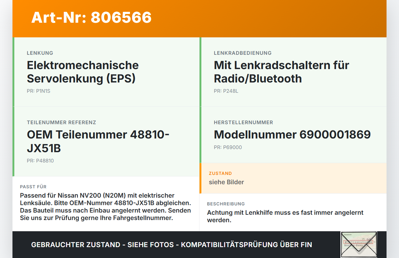 Nissan NV200 N20M 09-21 Lenkhilfe elektr. Lenksäule Nissan NV200 N20M 09-21 23.03.2012 48810-JX51B 6900001869 gebraucht Vorschau 3