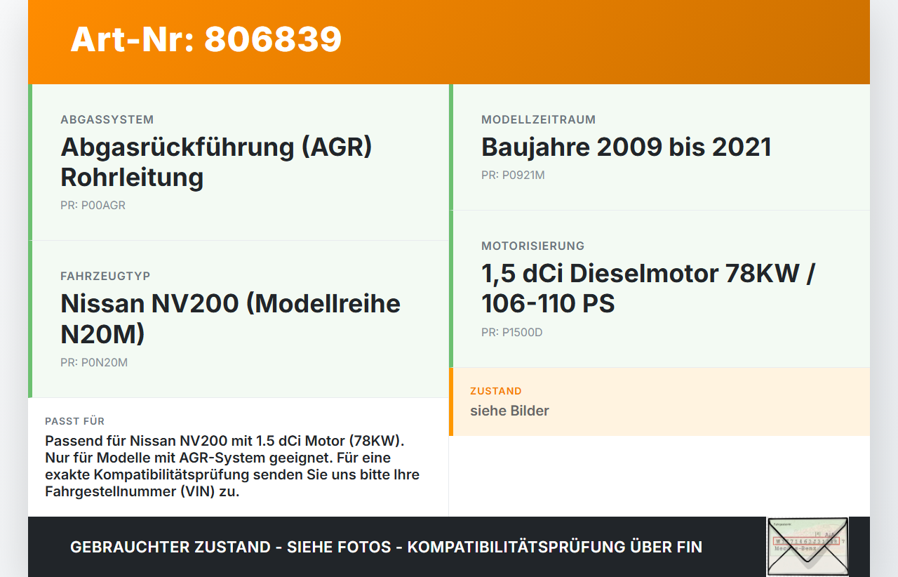 Nissan NV200 N20M 09-21 dCi 110 1,5 78KW Abgasleitung AGR Rohr Leitung Nissan NV200 N20M 09-21 23.03.2012 gebraucht Vorschau 3