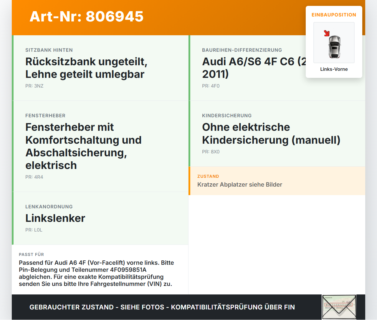 Audi A6 4F 6C 05-08 Kombi Fensterheberschalter Schalter Links Vorne Audi A6 4F 6C 05-08 30.11.2005 4F0959851A gebraucht Vorschau 3