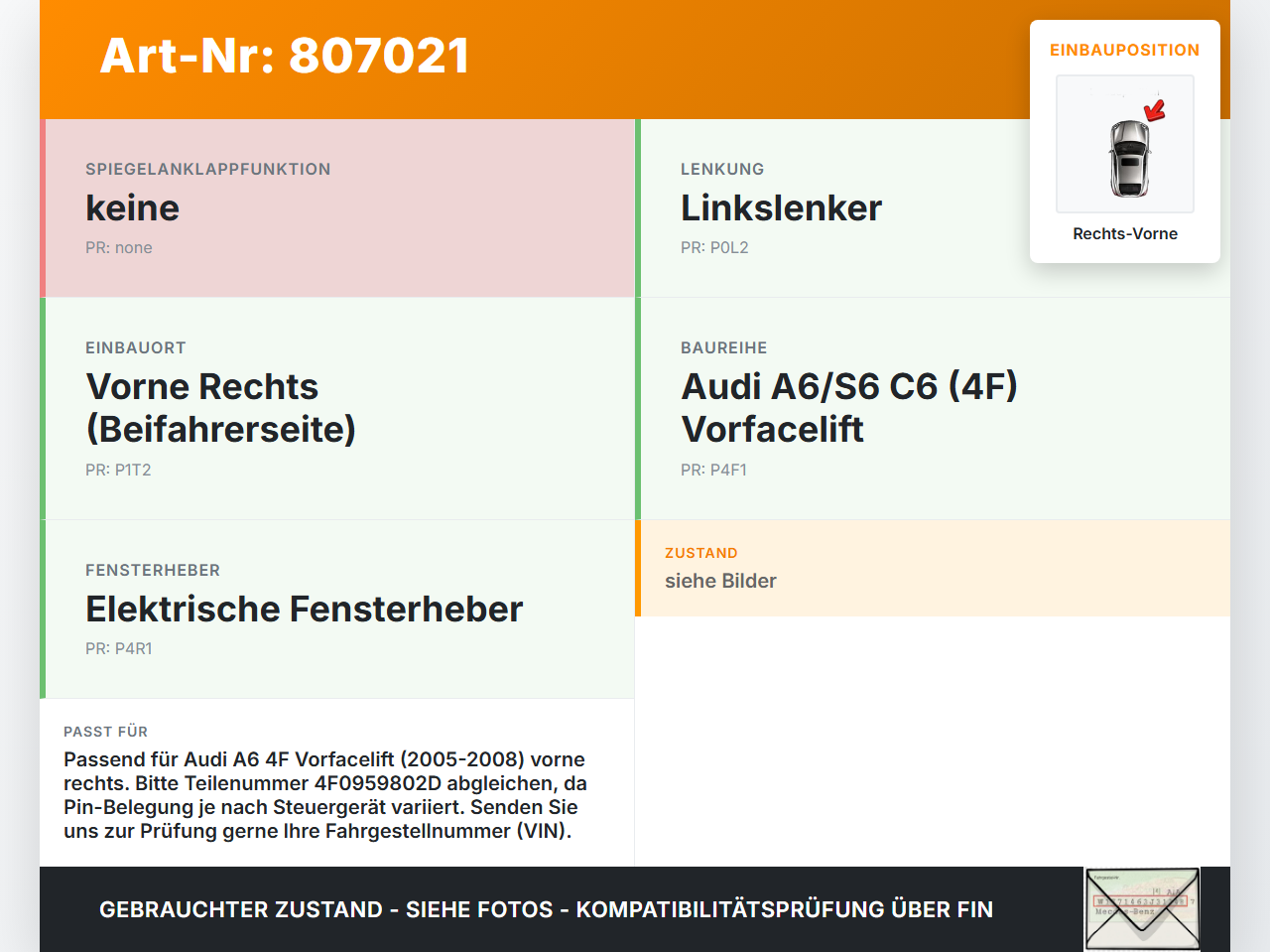 Audi A6 4F 6C 05-08 Kombi Fensterhebermotor Rechts Vorne Audi A6 4F 6C 05-08 30.11.2005 997008-201 4F0959802D... Vorschau 3