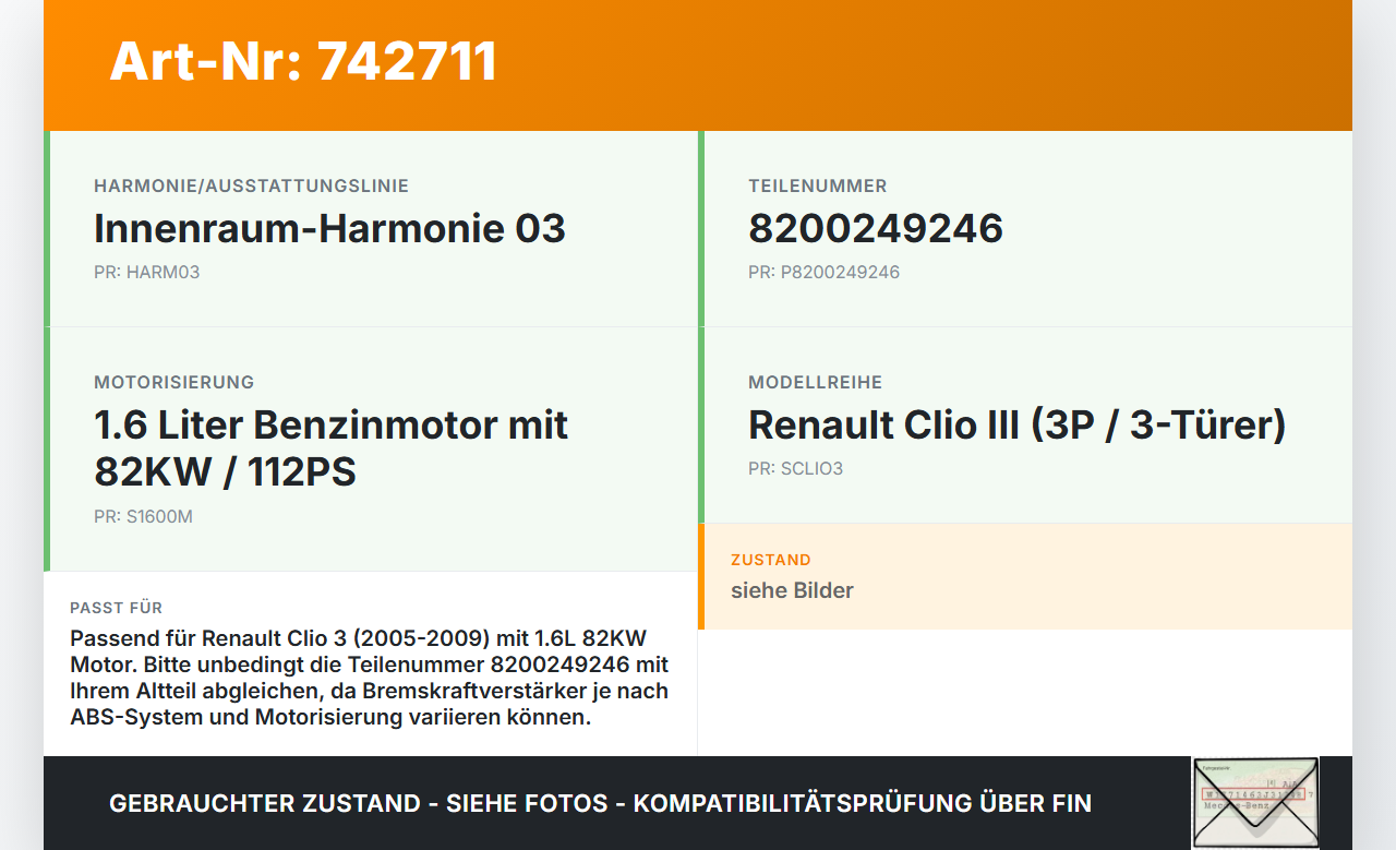 Renault Clio 3 III 3P 05-09 1,6 82KW Bremskraftverstärker Renault Clio 3 III 3P 05-09 11.01.2006 8200249246... Vorschau 3
