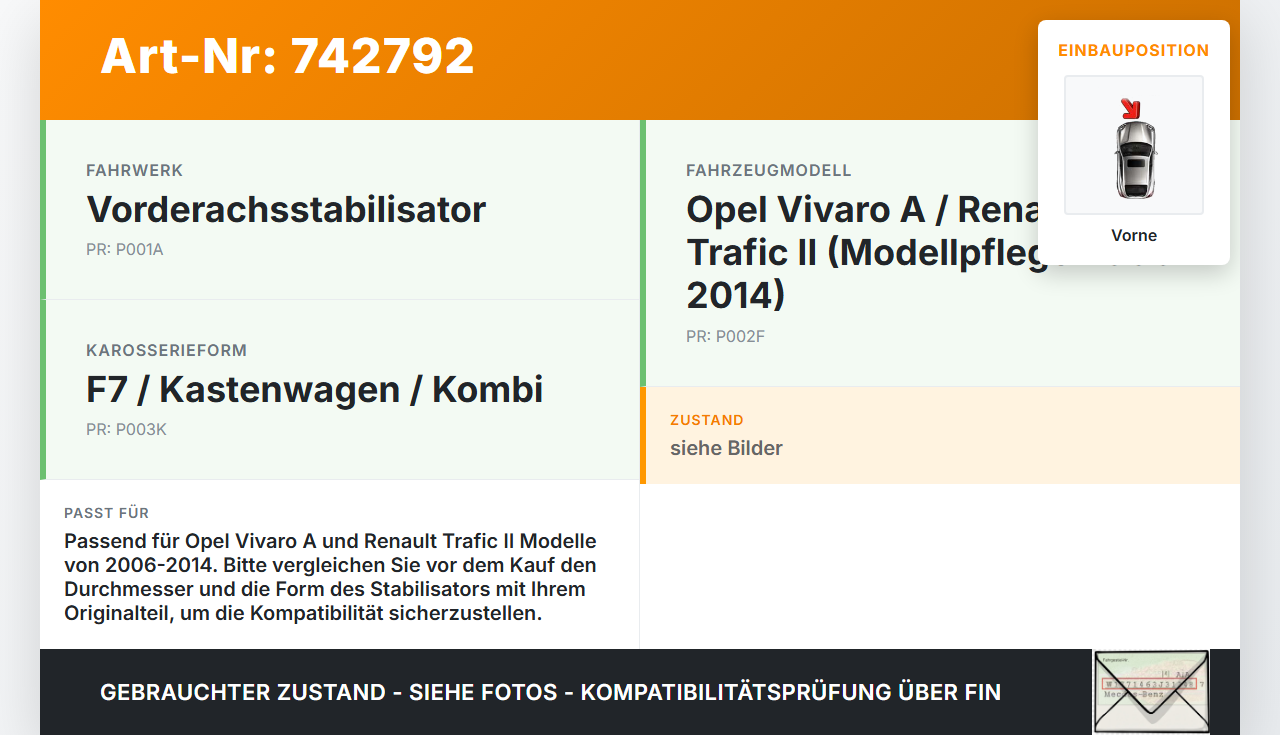 Opel Vivaro A F7 Trafic II 06-14 Stabilisator Stabi Vorne Opel Vivaro A F7 Trafic II 06-14 04.10.2012 gebraucht Vorschau 3