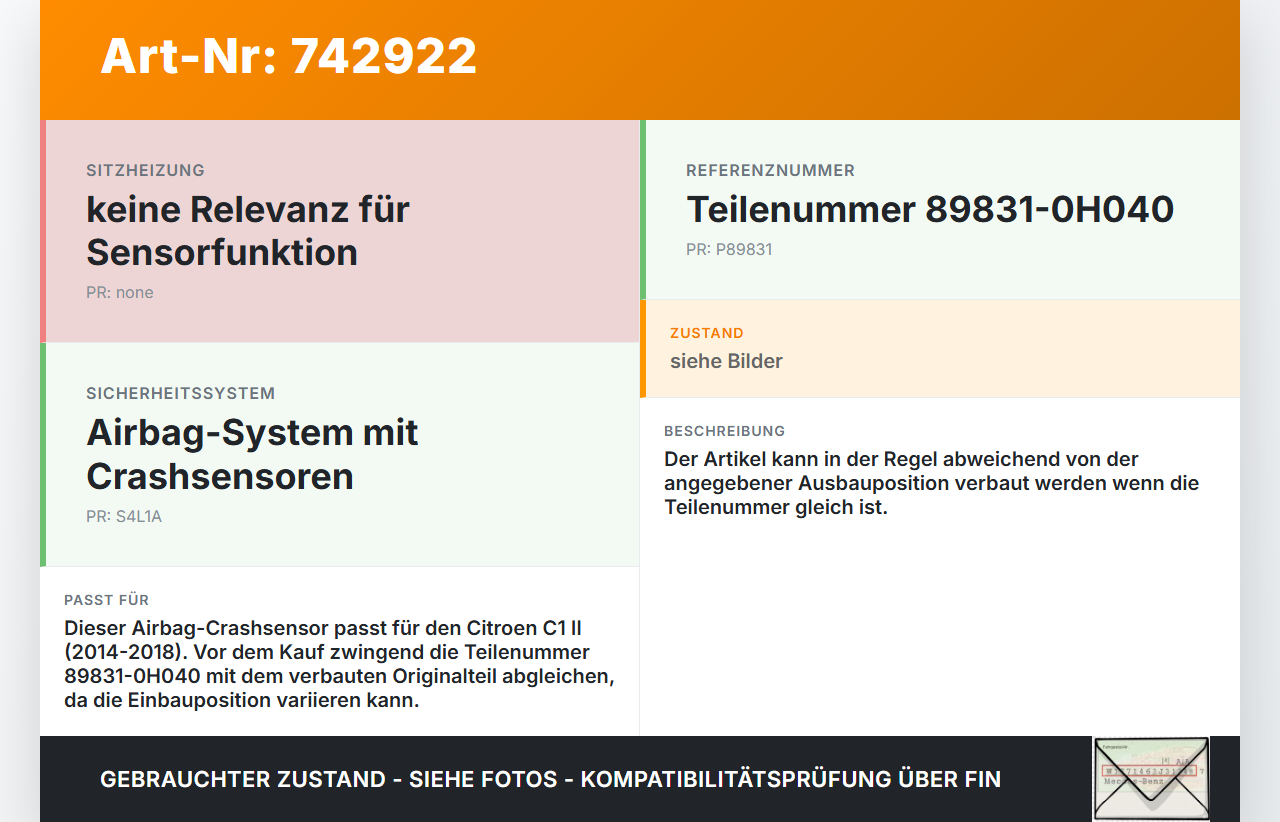 Citroen C1 II 14-18 Sensor für Airbag Crashsensor Airbagsensor Citroen C1 II 14-18 17.04.2015 89831-0H040 gebraucht Vorschau 3