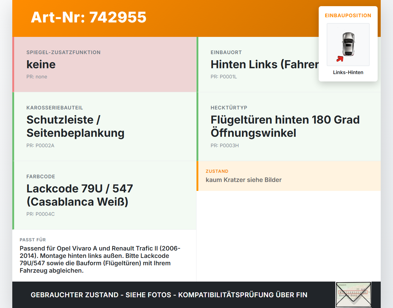 Opel Vivaro A F7 Trafic II 06-14 Kasten Türleiste Beplankung Links Hinten Aussen 547 79U Opel Vivaro A F7 Trafic II... Vorschau 3