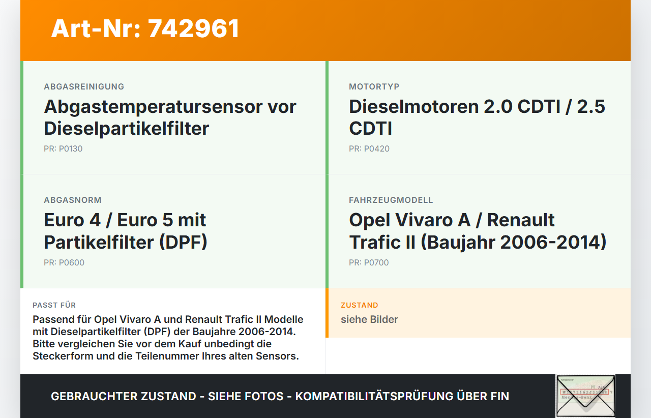 Opel Vivaro A F7 Trafic II 06-14 CDTi 2,0 84KW Sensor Abgastemperatursensor Abgassonde Opel Vivaro A F7 Trafic II... Vorschau 3