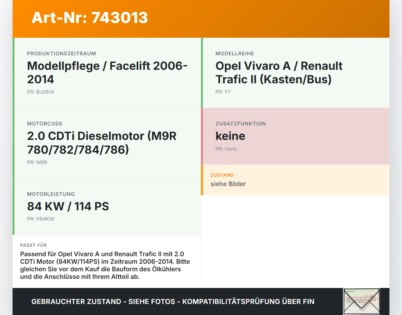Opel Vivaro A F7 Trafic II 06-14 CDTi 2,0 84KW Ölkühler Opel Vivaro A F7 Trafic II 06-14 04.10.2012 gebraucht Vorschau 3