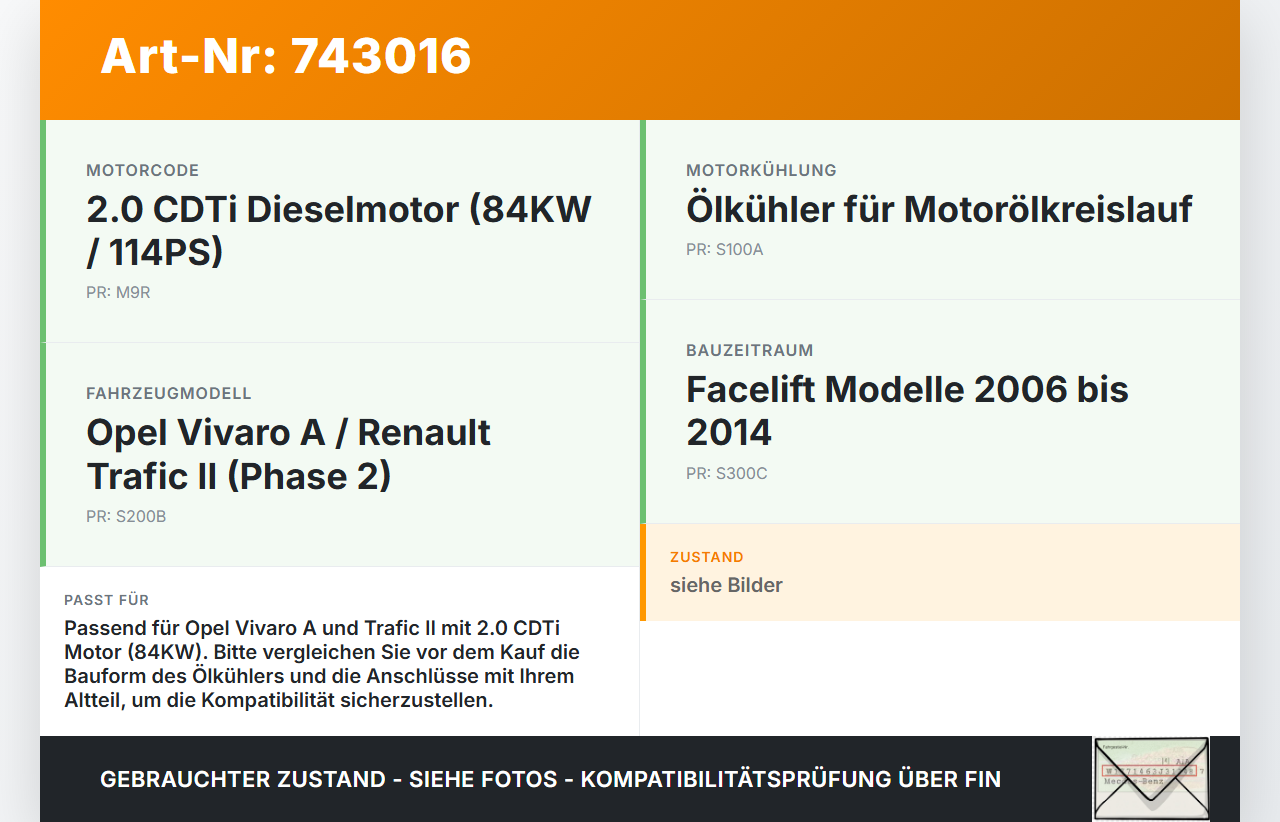 Opel Vivaro A F7 Trafic II 06-14 CDTi 2,0 84KW Ölkühler Opel Vivaro A F7 Trafic II 06-14 04.10.2012 gebraucht Vorschau 3