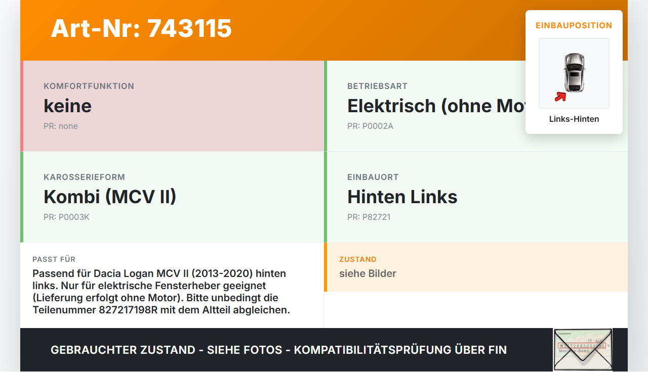Dacia Logan MCV II 13-20 Fensterheber o. FH-Motor Hinten Links Dacia Logan MCV II 13-20 04.03.2016 827217198R gebraucht Vorschau 3