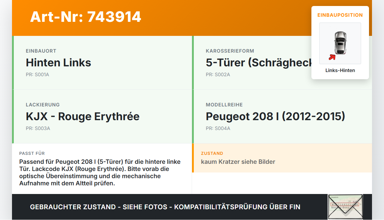 Peugeot 208 I 12-15 5T Türgriff Griff aussen Links Hinten KJX Peugeot 208 I 12-15 27.09.2012 gebraucht Vorschau 3