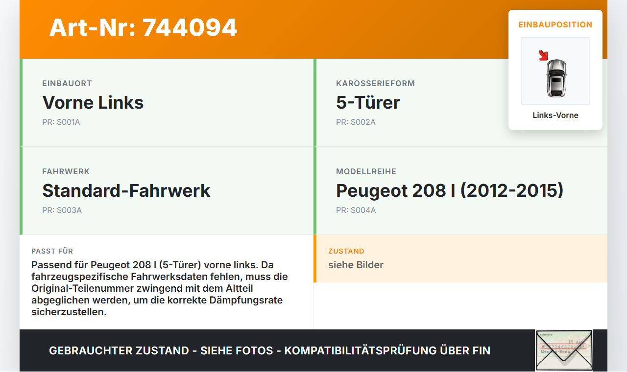 Peugeot 208 I 12-15 5T Stossdämpfer Federbein Vorne Links Peugeot 208 I 12-15 27.09.2012 gebraucht Vorschau 3