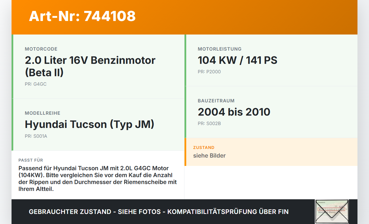 Hyundai Tucson JM 04-10 2,0 104KW XM13 G4GC Riemenscheibe Hyundai Tucson JM 04-10 05.10.2005 gebraucht Vorschau 3