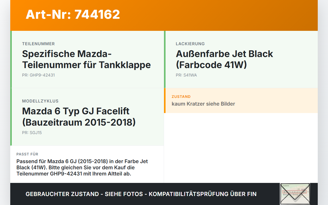 Mazda 6 GJ 15-18 Tankdeckel Tankklappe 41W Mazda 6 GJ 15-18 04.01.2016 GHP942431 GHP9-42431 gebraucht Vorschau 3