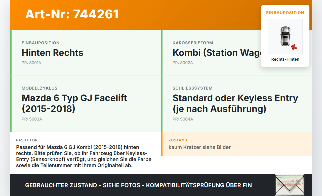 Mazda 6 GJ 15-18 Kombi Türgriff Griff aussen Rechts Hinten Mazda 6 GJ 15-18 04.01.2016 gebraucht Vorschau 3