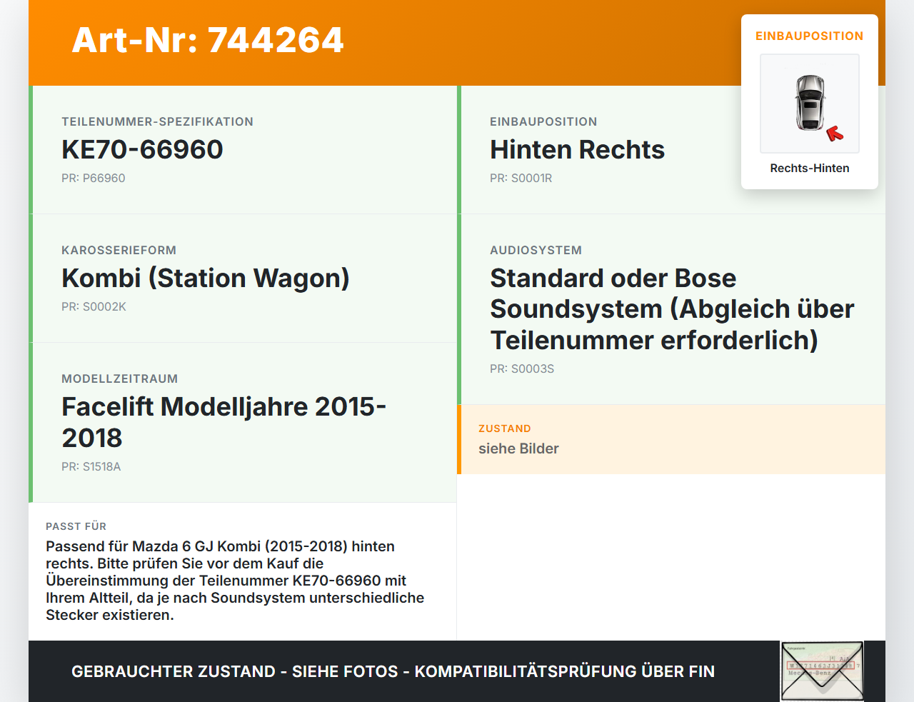 Mazda 6 GJ 15-18 Kombi Lautsprecher Rechts Hinten Mazda 6 GJ 15-18 04.01.2016 KE70-66960 gebraucht Vorschau 3