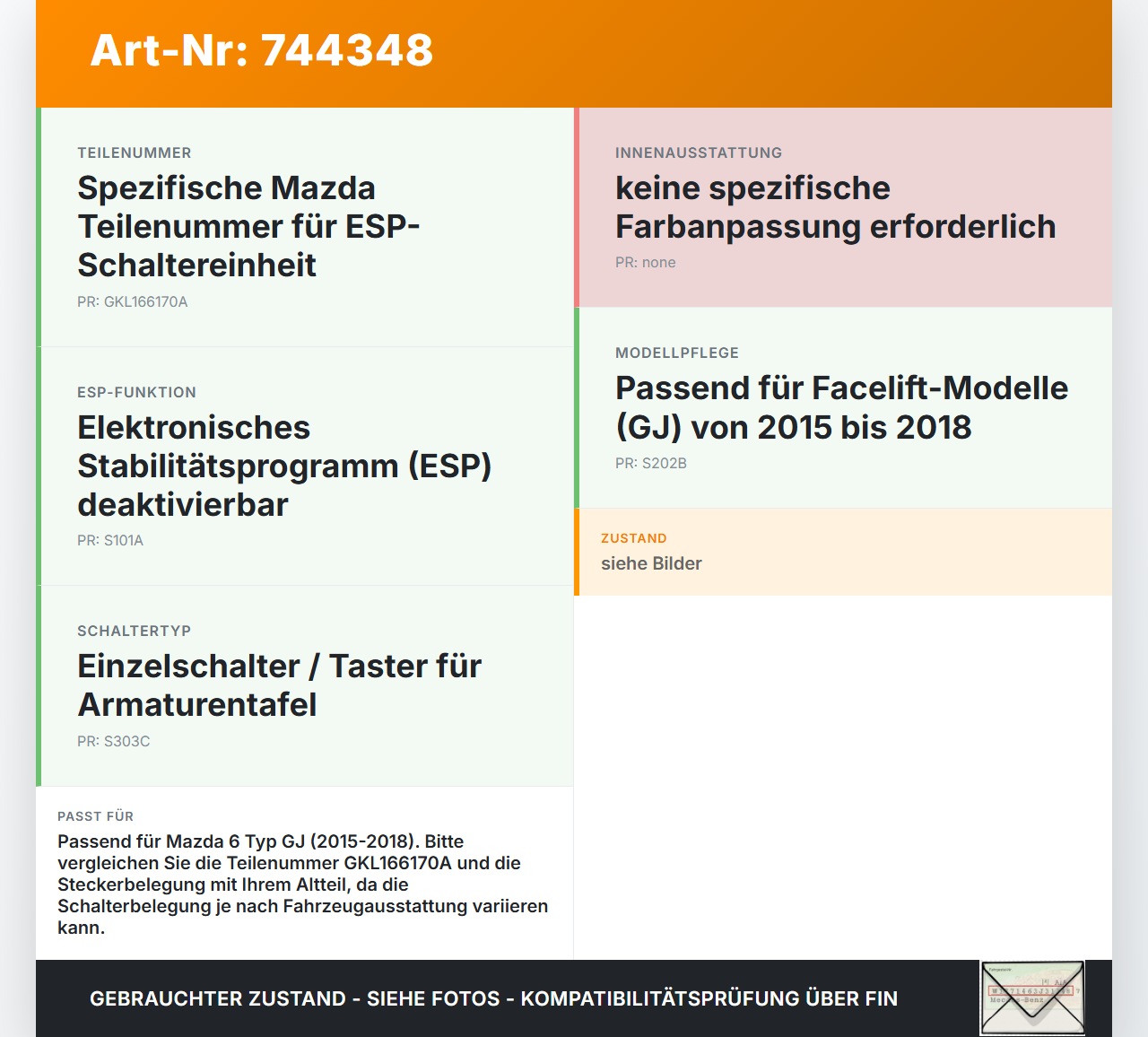 Mazda 6 GJ 15-18 Schalter Schalteinheit ESP Off Mazda 6 GJ 15-18 04.01.2016 GKL166170A gebraucht Vorschau 3