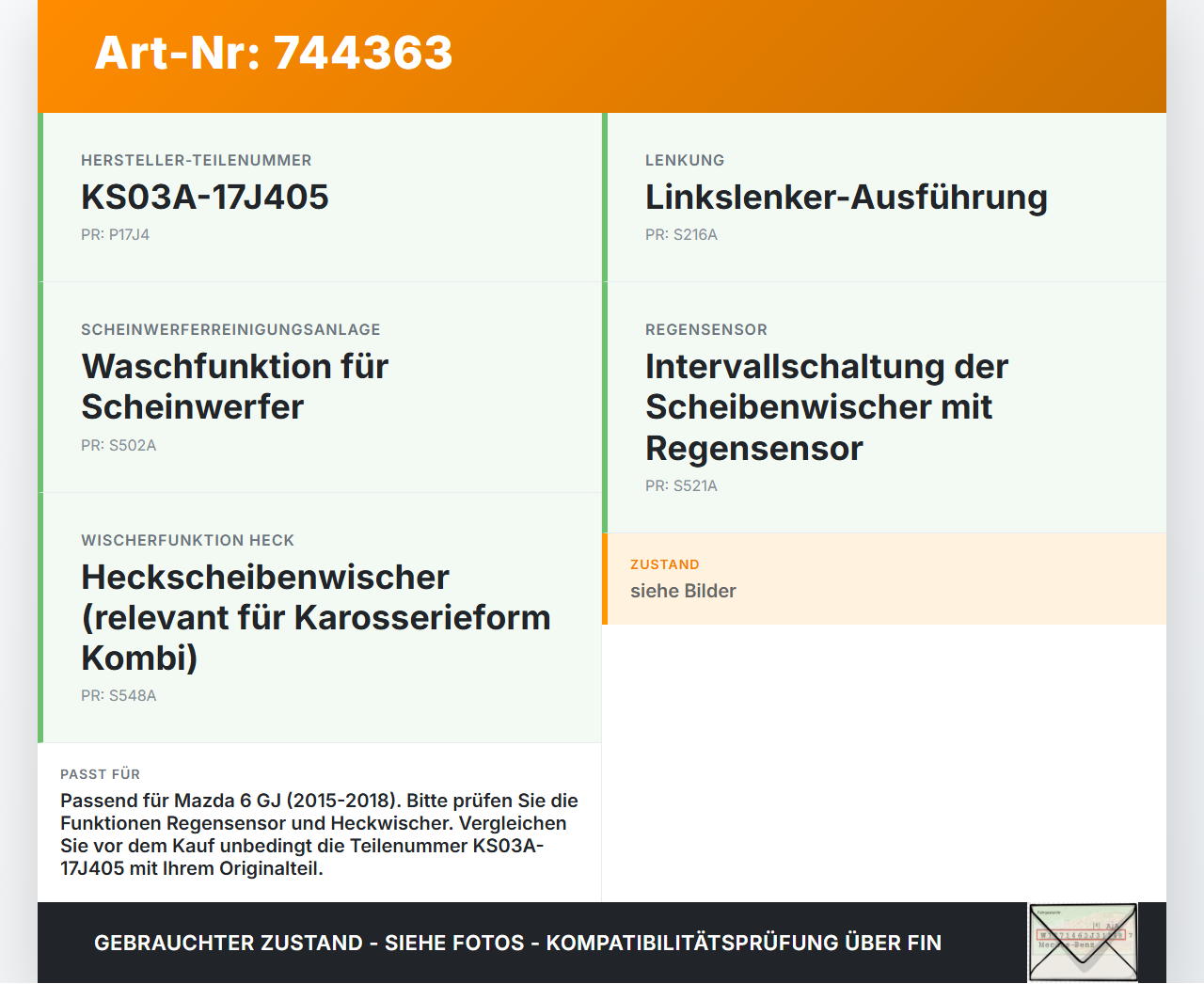Mazda 6 GJ 15-18 Lenkstockschalter Wischerschalter Wischer Mazda 6 GJ 15-18 04.01.2016 KS03A-17J405 gebraucht Vorschau 3