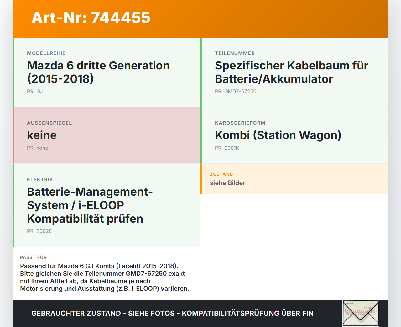 Mazda 6 GJ 15-18 Kombi Kabelbaum für Batterie Akkumulator Mazda 6 GJ 15-18 04.01.2016 GMD7-67250 gebraucht Vorschau 3