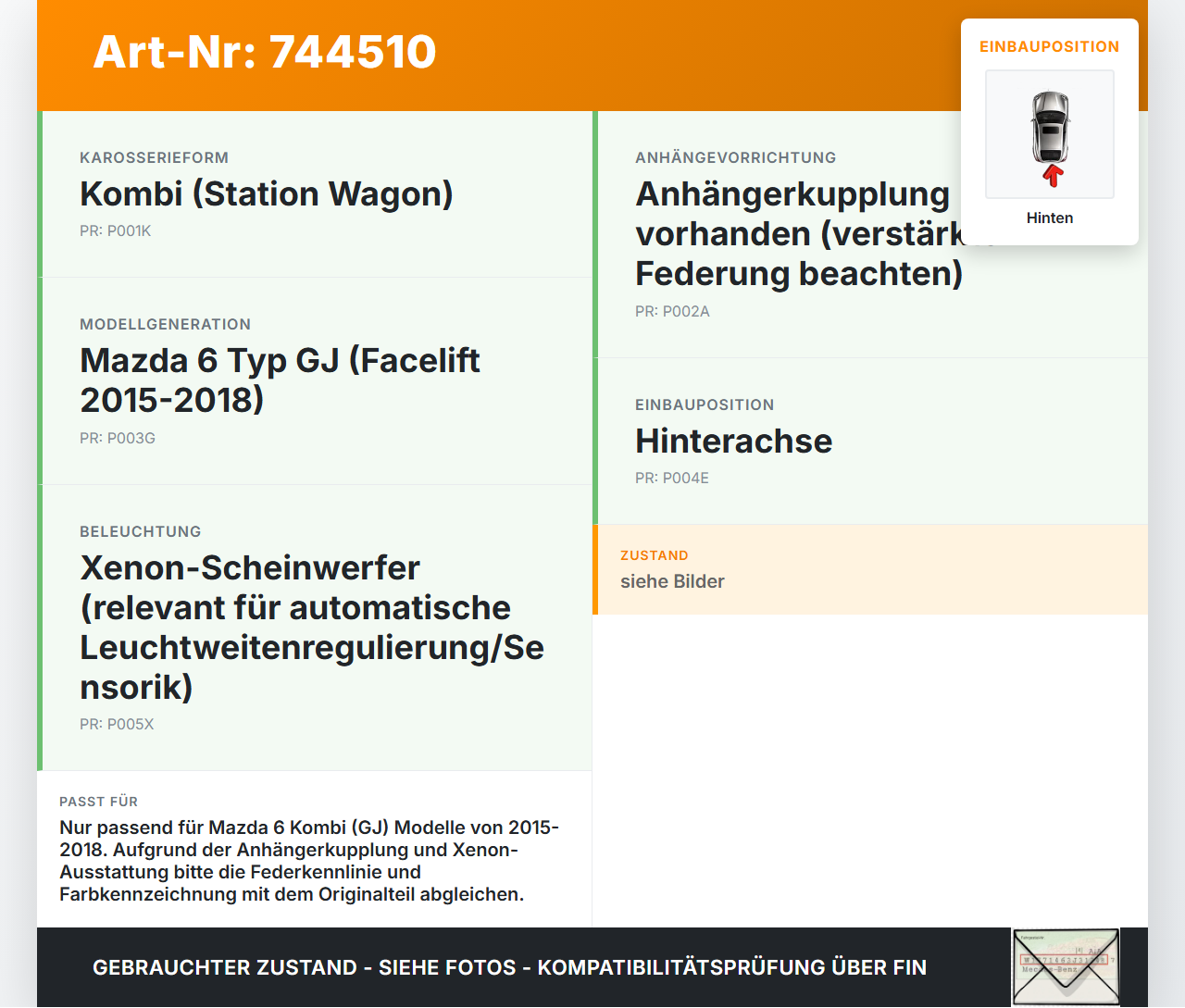 Mazda 6 GJ 15-18 Kombi Beide Feder Federn Hinten Mazda 6 GJ 15-18 04.01.2016 gebraucht Vorschau 3