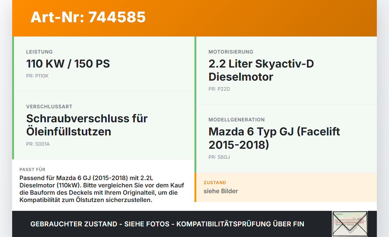 Mazda 6 GJ 15-18 2,2 110KW Schraubverschluss für Ölstutzen Mazda 6 GJ 15-18 04.01.2016 gebraucht Vorschau 3