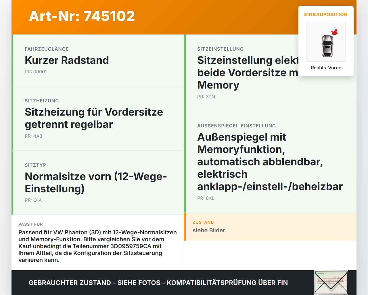 VW Phaeton 3D 01-07 Steuergerät ECU Modul Sitzmodul Sitz Rechts Vorne VW Phaeton 3D 01-07 12.07.2006 3D0959759CA... Vorschau 3