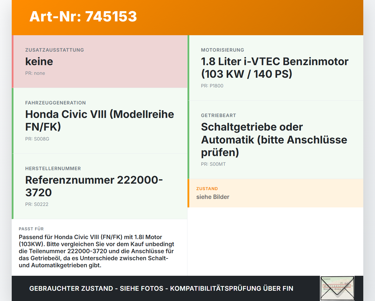 Honda Civic VIII FN 05-11 1,8 103KW Wasserkühler Kühler Honda Civic VIII FN 05-11 26.09.2008 222000-3720... Vorschau 3