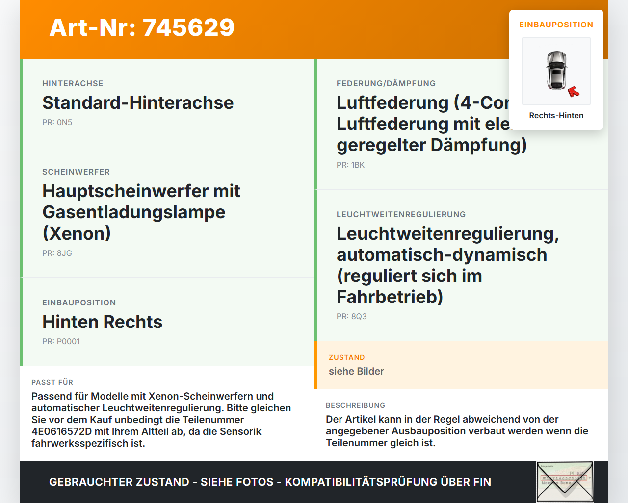 VW Phaeton 3D 01-07 Xenon LWR Sensor Neigung Rechts Hinten VW Phaeton 3D 01-07 12.07.2006 4E0616572D 15.1601-0046.2... Vorschau 3