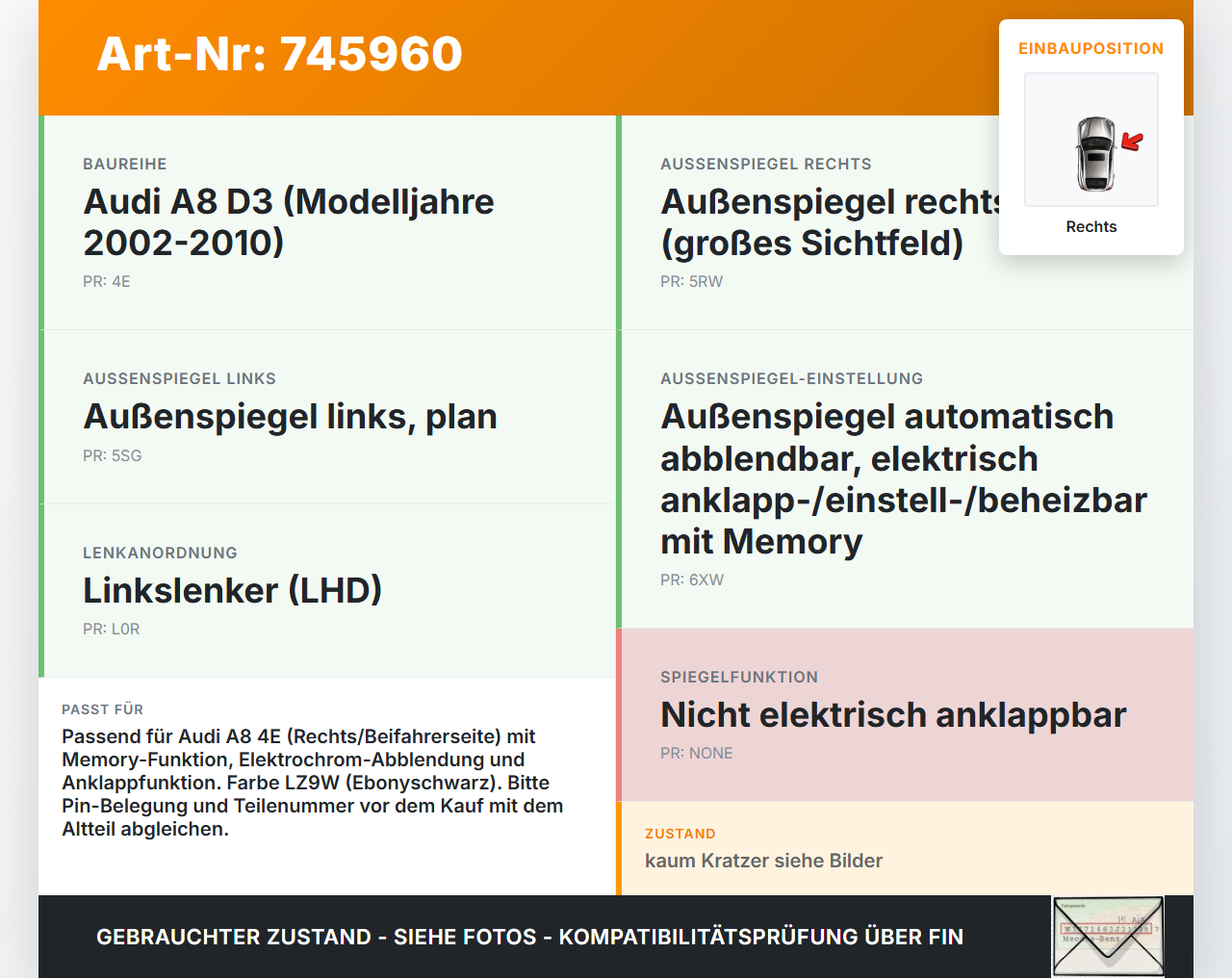 Audi A8 4E QU 02-06 Spiegel Aussenspiegel Rechts Elektrochrom Memory beheizt El. Klappbar LZ9W Audi A8 4E QU 02-06... Vorschau 3