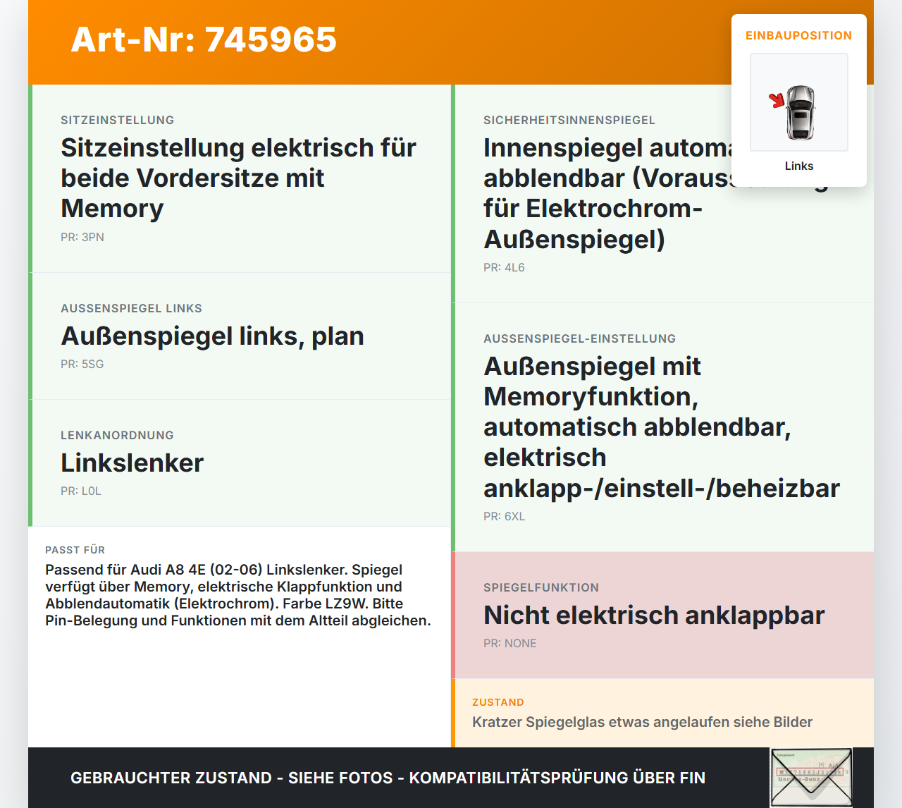 Audi A8 4E QU 02-06 Spiegel Aussenspiegel Links Elektrochrom Memory beheizt El. Klappbar LZ9W Audi A8 4E QU 02-06... Vorschau 3
