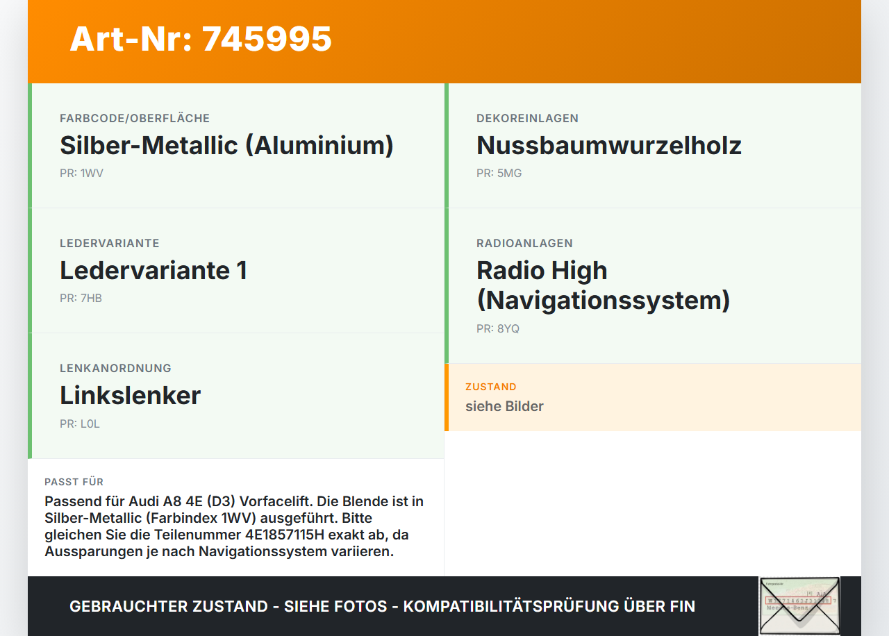 Audi A8 4E QU 02-06 Blende Einbaurahmen Audi A8 4E QU 02-06 01.02.2005 4E1857115H 4E1857115H1WV gebraucht Vorschau 3