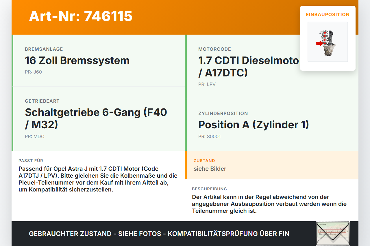 Opel Astra J 12-18 CDTI 1,6 81KW A17DTJ LPV Kolben mit Pleuel Pos A Opel Astra J 12-18 24.05.2012 gebraucht Vorschau 3