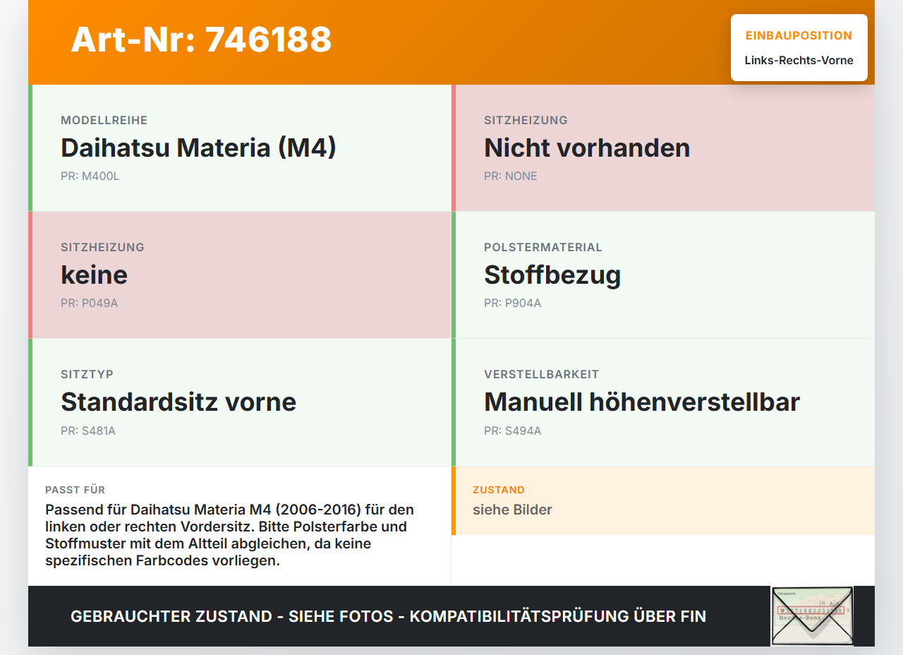 Daihatsu Coo Materia M4 06-16 Kopfstütze für Fahrer Sitz Rechts oder Links Vorne Daihatsu Coo Materia M4 06-16... Vorschau 3