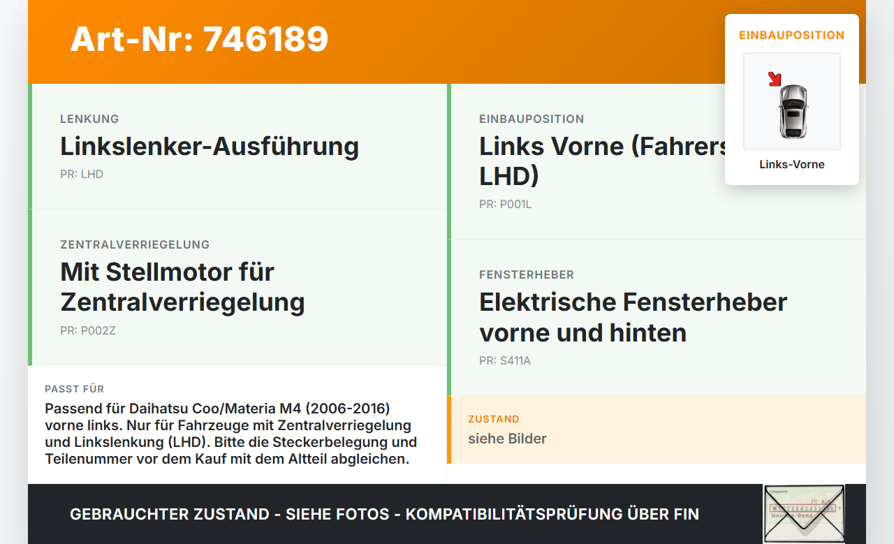 Daihatsu Coo Materia M4 06-16 Türschloss mit ZV Stellmotor Links Vorne Daihatsu Coo Materia M4 06-16 16.06.2010... Vorschau 3