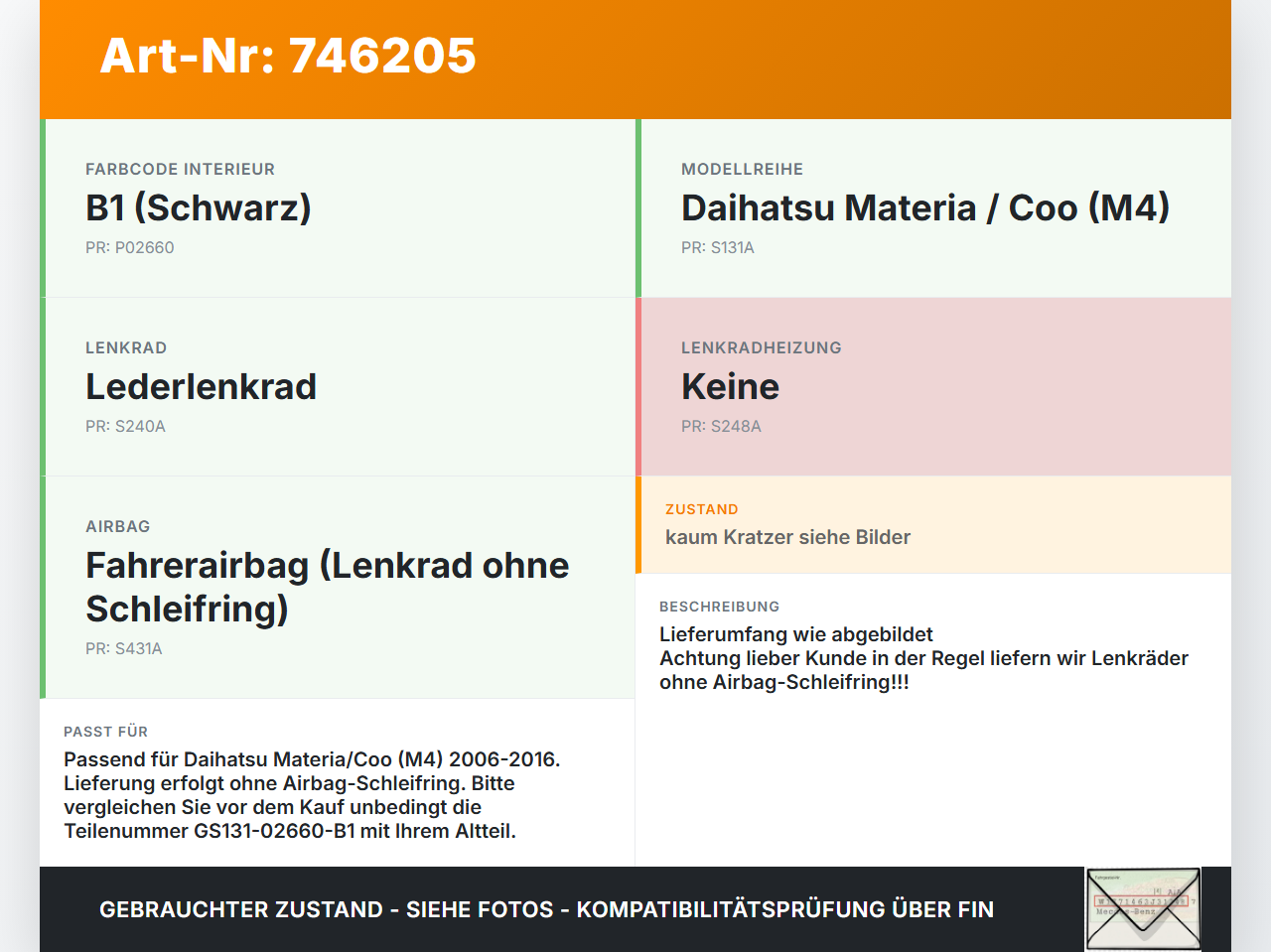 Daihatsu Coo Materia M4 06-16 Lenkrad Airbaglenkrad Daihatsu Coo Materia M4 06-16 16.06.2010 GS131-02660-B1 gebraucht Vorschau 3