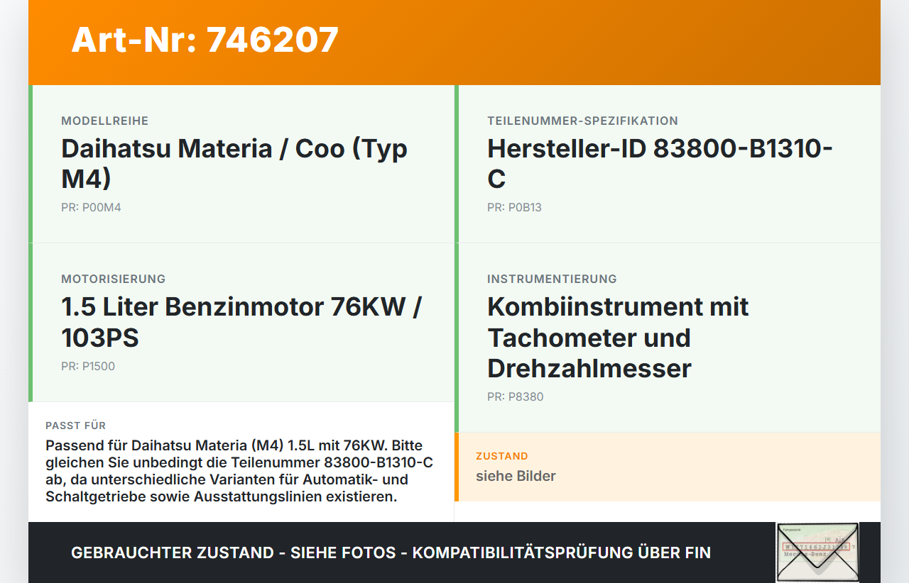 Daihatsu Coo Materia M4 06-16 1,5 76KW Kombiinstrument Tacho Daihatsu Coo Materia M4 06-16 16.06.2010 83800-B1310-C... Vorschau 3