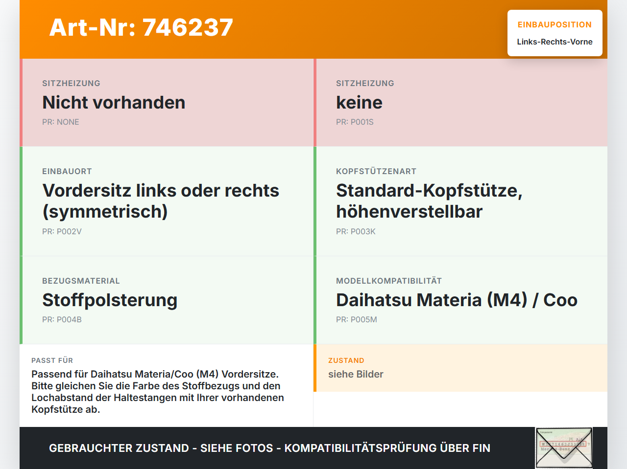 Daihatsu Coo Materia M4 06-16 Kopfstütze für Beifahrer Sitz Rechts oder Links Vorne Daihatsu Coo Materia M4 06-16... Vorschau 3