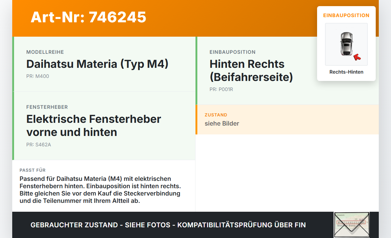 Daihatsu Coo Materia M4 06-16 Fensterhebermotor mit Fensterheber Rechts Hinten Daihatsu Coo Materia M4 06-16... Vorschau 3