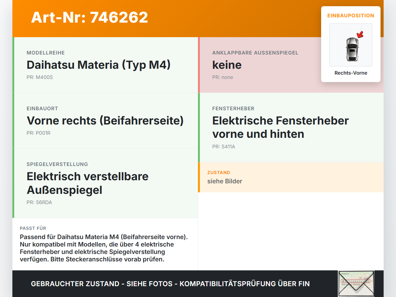 Daihatsu Coo Materia M4 06-16 Kabelbaum für Tür und Fensterheber Rechts Vorne Daihatsu Coo Materia M4 06-16... Vorschau 3