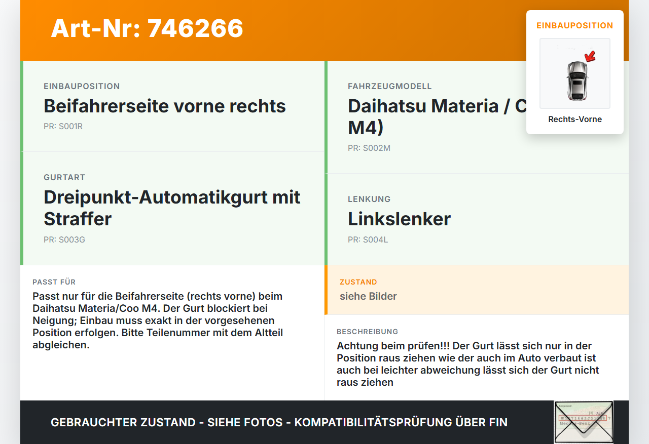 Daihatsu Coo Materia M4 06-16 Gurt Sicherheitsgurt Gurtstraffer für Beifahrer Rechts Vorne Daihatsu Coo Materia M4... Vorschau 3