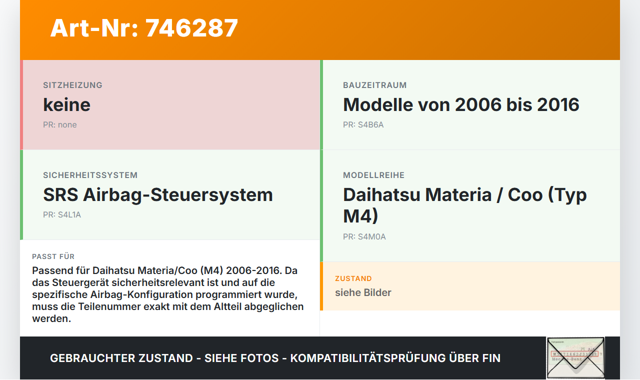 Daihatsu Coo Materia M4 06-16 Airbag Steuergerät Airbagsteuergerät Daihatsu Coo Materia M4 06-16 16.06.2010... Vorschau 3