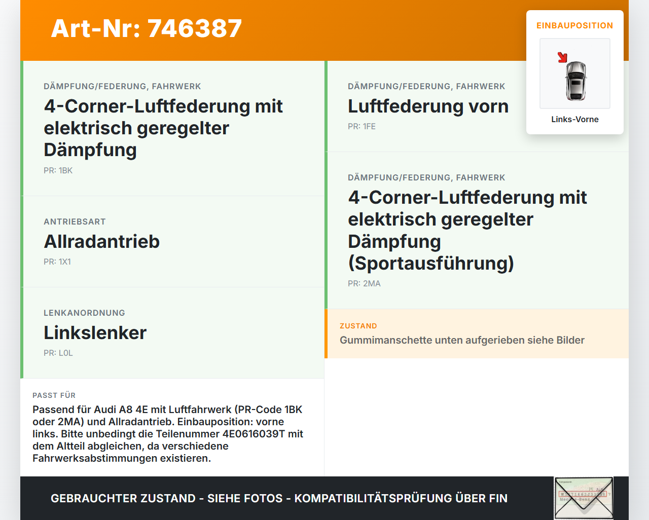 Audi A8 4E QU 02-06 Stossdämpfer Federbein Luftfahrwerk Vorne Links Audi A8 4E QU 02-06 01.02.2005 4E0616039AF gebraucht Vorschau 3