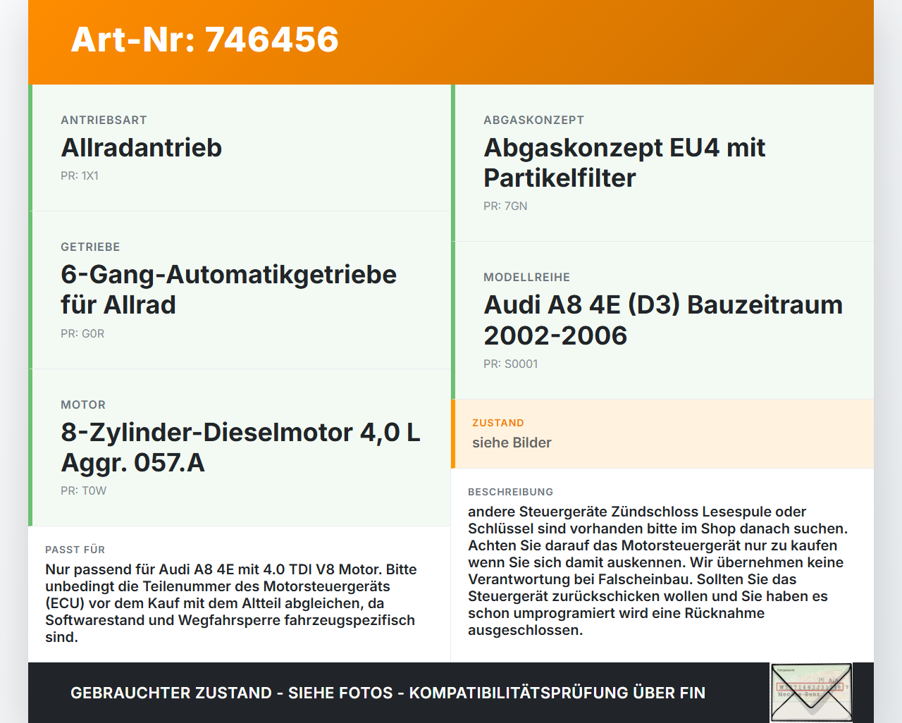 Audi A8 4E QU 02-06 TDI 4,0 202KW Motor Steuergerät ECU Motorsteuergerät Pos.3 Audi A8 4E QU 02-06 01.02.2005... Vorschau 3