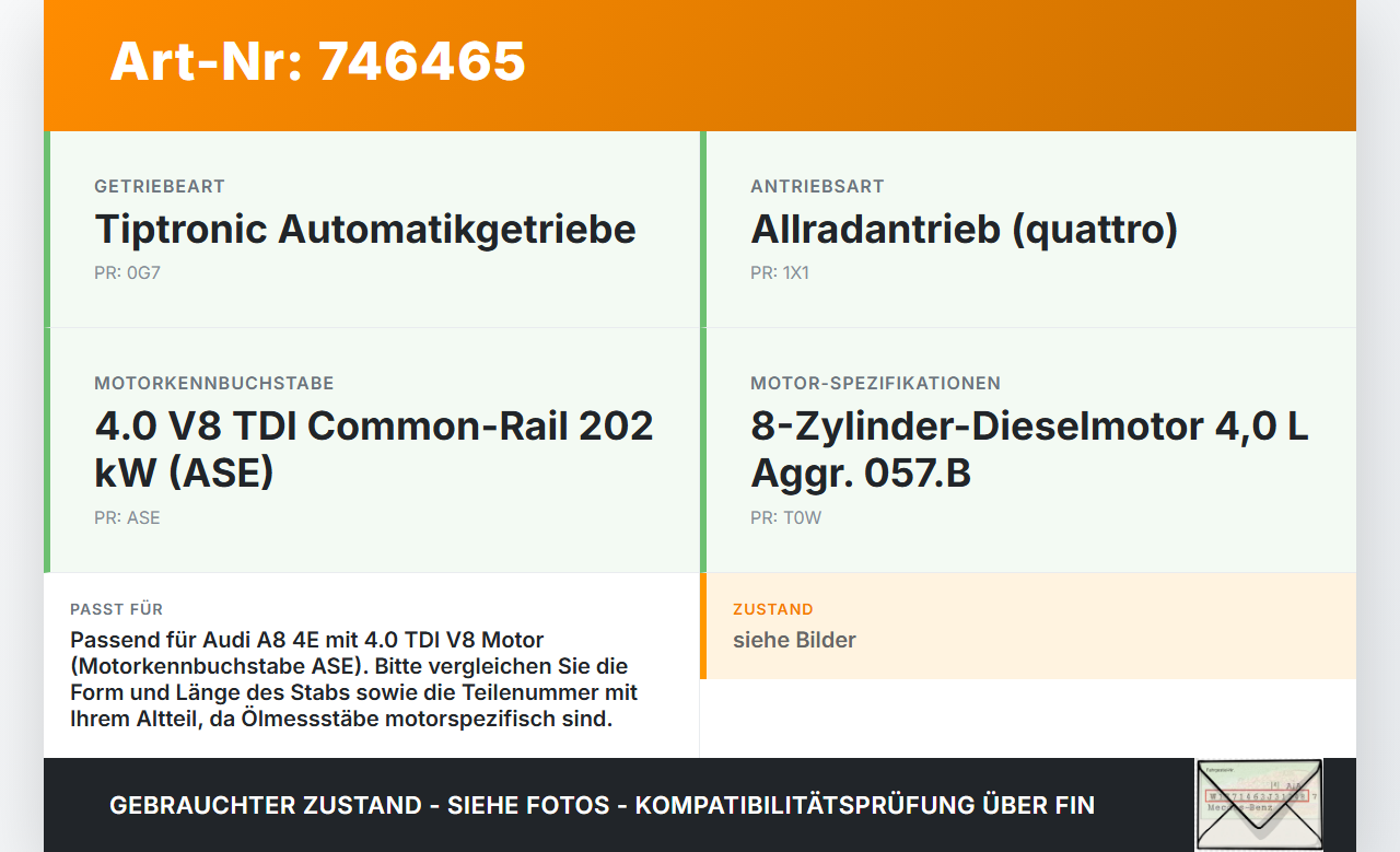 Audi A8 4E QU 02-06 TDI 4,0 202KW ASE Ölmessstab Öl Stab Audi A8 4E QU 02-06 01.02.2005 gebraucht Vorschau 3