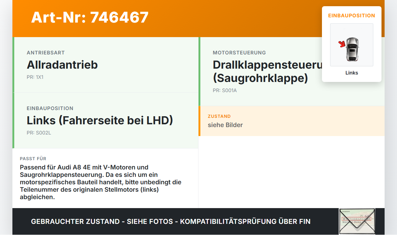 Audi A8 4E QU 02-06 Stellmotor Klappenversteller Drallklappen Ansaugbrücke Links Audi A8 4E QU 02-06 01.02.2005... Vorschau 3