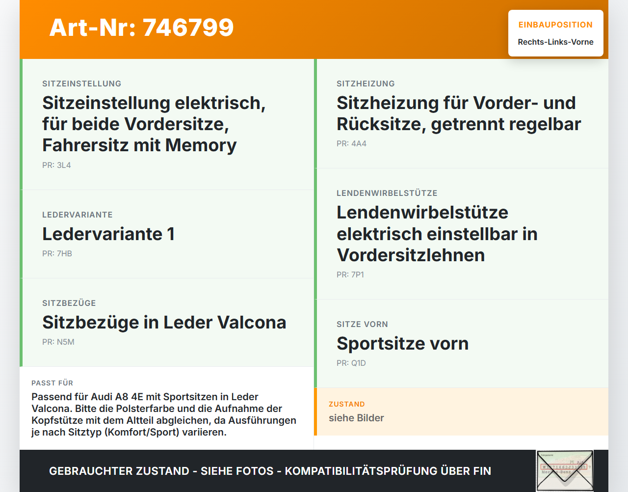 Audi A8 4E QU 02-06  Leder Kopfstütze für Beifahrer Sitz Rechts oder Links Vorne Audi A8 4E QU 02-06 01.02.2005... Vorschau 3