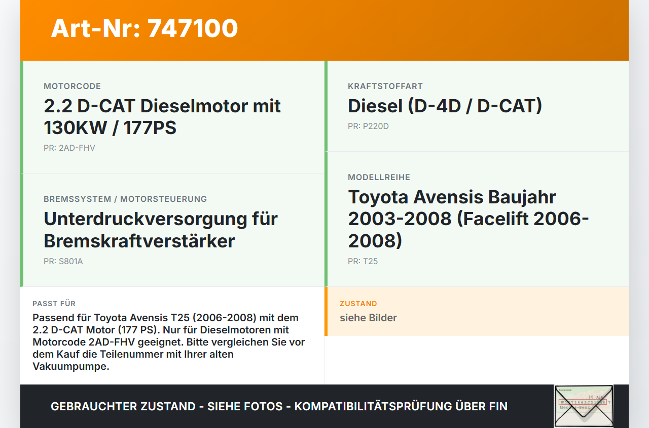Toyota Avensis T25 06-08 2,2d 130KW 2ADFHV Unterdruckpumpe Vakuumpumpe Toyota Avensis T25 06-08 01.12.2006... Vorschau 3